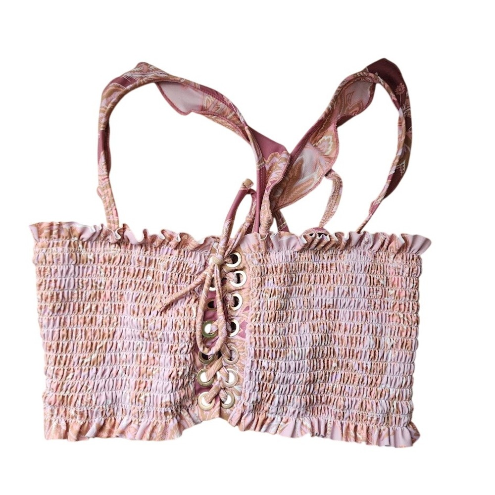 POWER 2 THE FLOWER Pink Floral Smocked Lace Up Bikini Top Ruffle Straps
